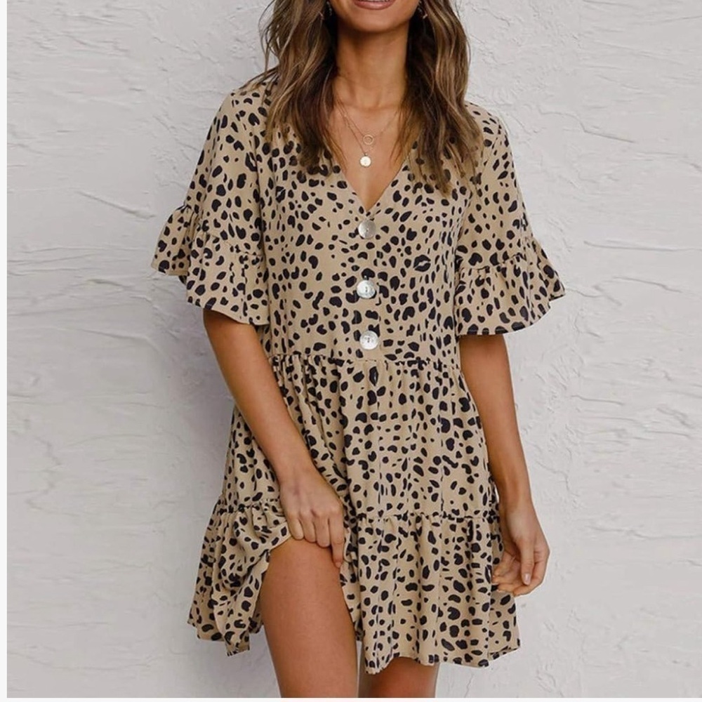 3/$25 🎈Amazon sundress leopard print swing dress with ruffles on sleeves - Picture 1 of 7